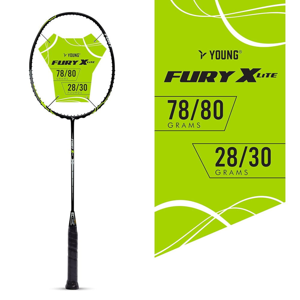 Young Fury X Lite (78 g, 30 LBS) Unstrung Badminton Racquet with Full Cover (Black Green) Young Fury X Lite (78 g, 30 LBS) Unstrung Badminton Racquet with Full Cover (Black Green)