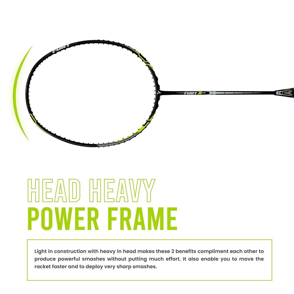Young Fury X Lite (78 g, 30 LBS) Unstrung Badminton Racquet with Full Cover (Black Green) Young Fury X Lite (78 g, 30 LBS) Unstrung Badminton Racquet with Full Cover (Black Green)