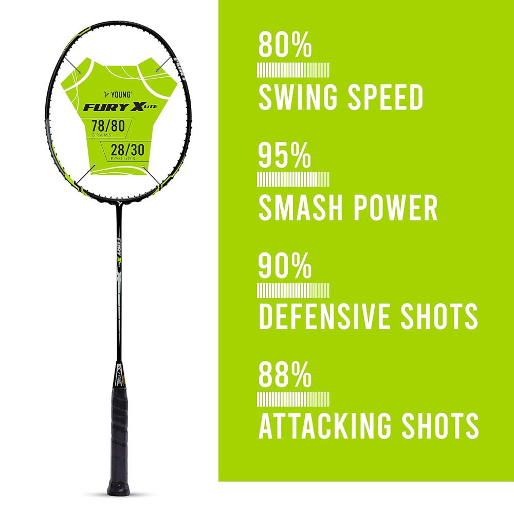 Young Fury X Lite (78 g, 30 LBS) Unstrung Badminton Racquet with Full Cover (Black Green) Young Fury X Lite (78 g, 30 LBS) Unstrung Badminton Racquet with Full Cover (Black Green)