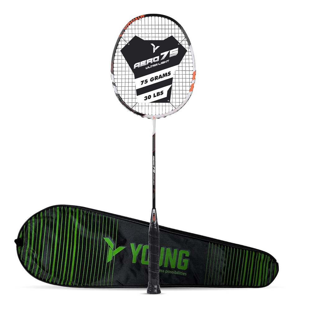 Young Aero 75 Ultra Light (75g, Pro-Grade) Strung Badminton Racket with Free Cover - Ultra Graphite Uni-Body Construction Young Aero 75 Ultra Light (75g, Pro-Grade) Strung Badminton Racket with Free Cover - Ultra Graphite Uni-Body Construction