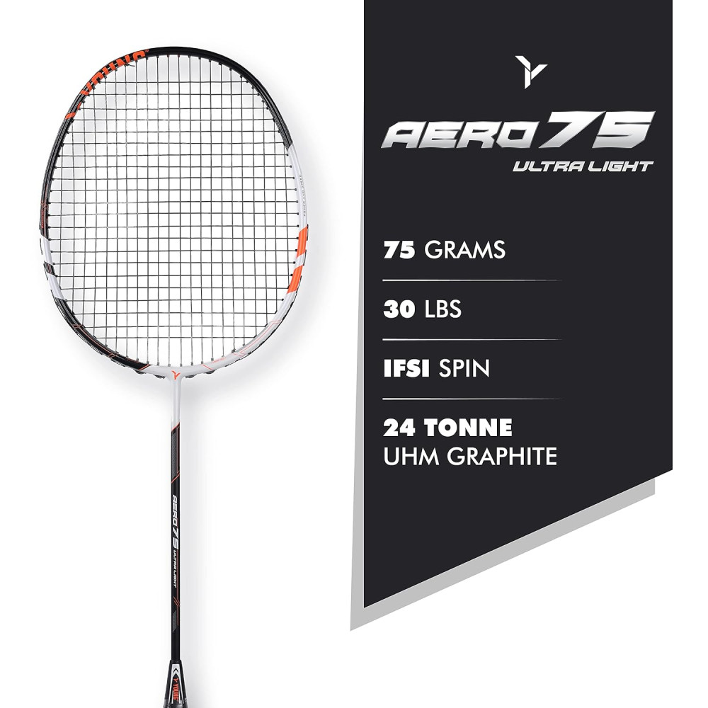 Young Aero 75 Ultra Light (75g, Pro-Grade) Strung Badminton Racket with Free Cover - Ultra Graphite Uni-Body Construction Young Aero 75 Ultra Light (75g, Pro-Grade) Strung Badminton Racket with Free Cover - Ultra Graphite Uni-Body Construction