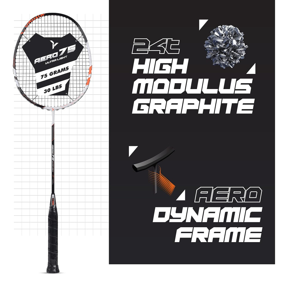 Young Aero 75 Ultra Light (75g, Pro-Grade) Strung Badminton Racket with Free Cover - Ultra Graphite Uni-Body Construction Young Aero 75 Ultra Light (75g, Pro-Grade) Strung Badminton Racket with Free Cover - Ultra Graphite Uni-Body Construction