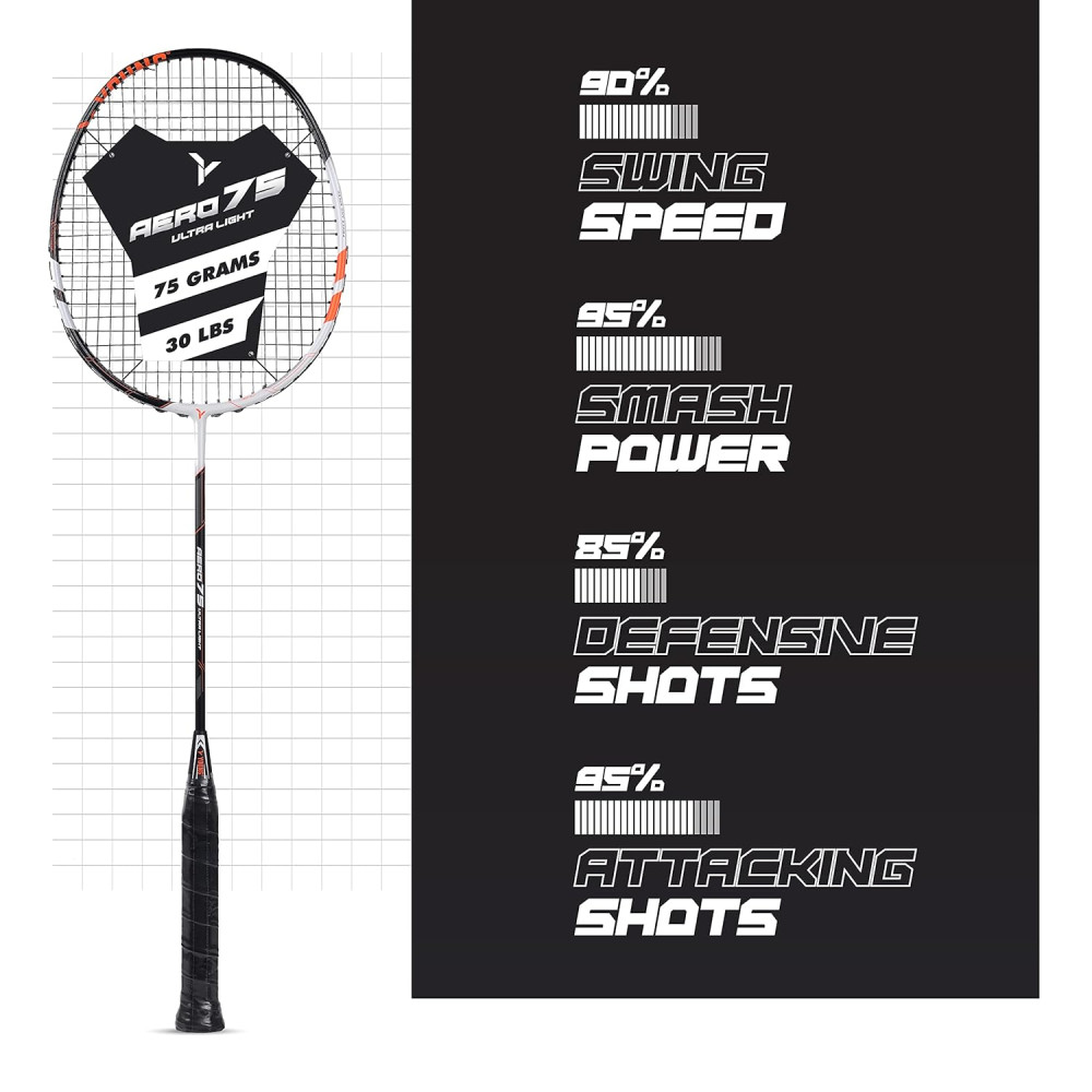 Young Aero 75 Ultra Light (75g, Pro-Grade) Strung Badminton Racket with Free Cover - Ultra Graphite Uni-Body Construction Young Aero 75 Ultra Light (75g, Pro-Grade) Strung Badminton Racket with Free Cover - Ultra Graphite Uni-Body Construction