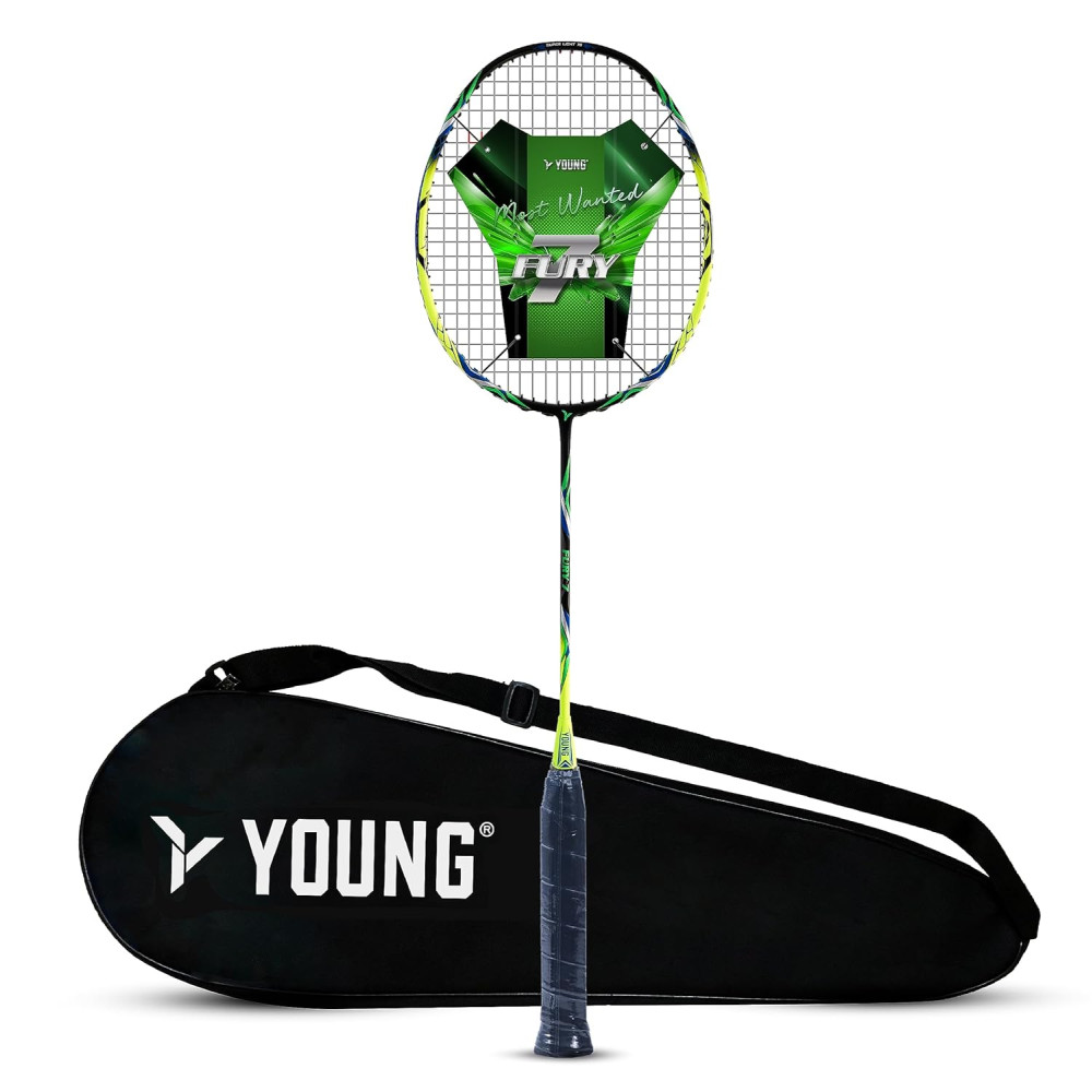 YOUNG Fury 7 Graphite Lightweight Professional Badminton Racket, Head Light, High Modulus Graphite, Strung, (Black/Yellow), Includes Full Cover YOUNG Fury 7 Graphite Lightweight Professional Badminton Racket, Head Light, High Modulus Graphite, Strung, (Black/Yellow), Includes Full Cover