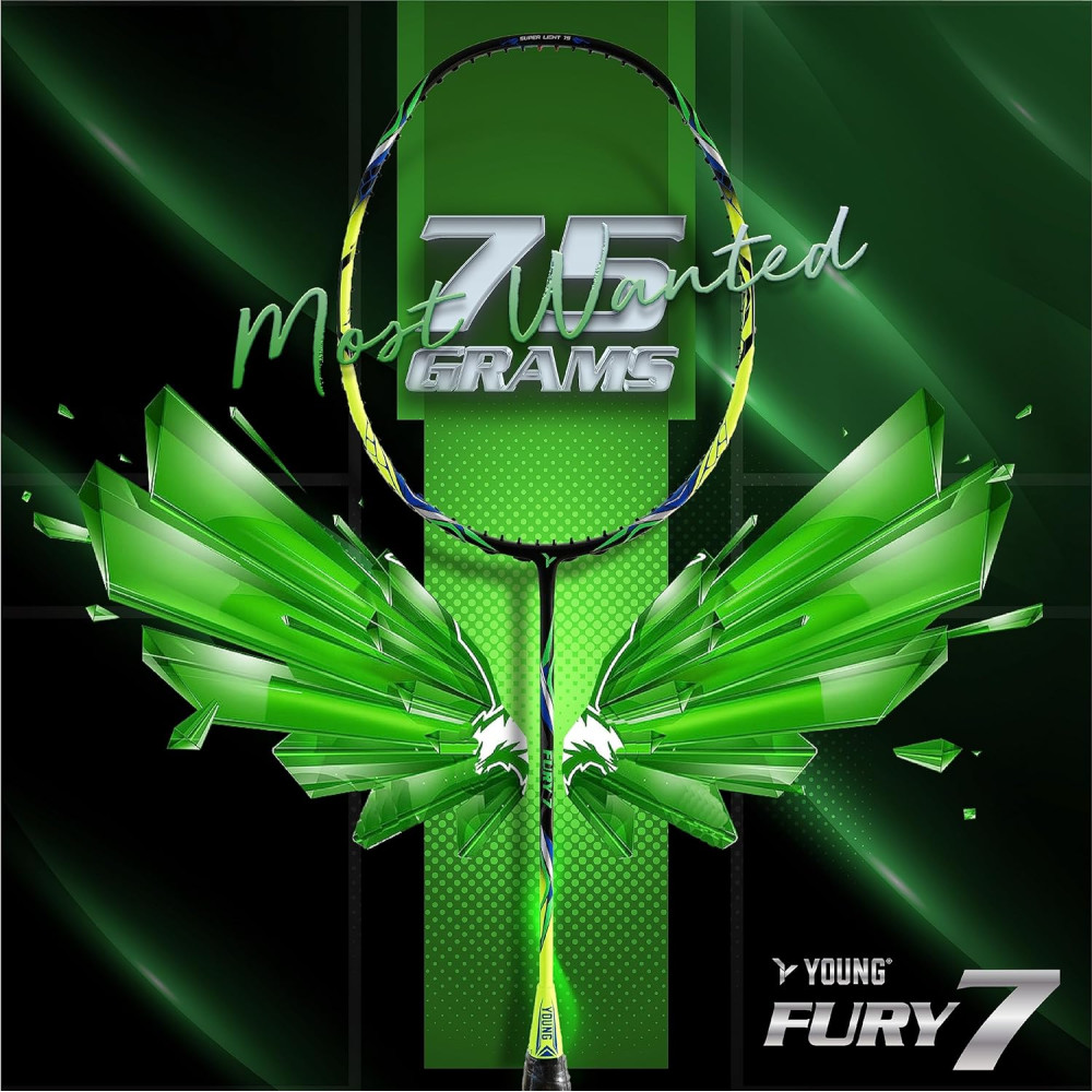 YOUNG Fury 7 Graphite Lightweight Professional Badminton Racket, Head Light, High Modulus Graphite, Strung, (Black/Yellow), Includes Full Cover YOUNG Fury 7 Graphite Lightweight Professional Badminton Racket, Head Light, High Modulus Graphite, Strung, (Black/Yellow), Includes Full Cover