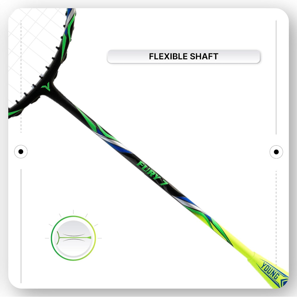 YOUNG Fury 7 Graphite Lightweight Professional Badminton Racket, Head Light, High Modulus Graphite, Strung, (Black/Yellow), Includes Full Cover YOUNG Fury 7 Graphite Lightweight Professional Badminton Racket, Head Light, High Modulus Graphite, Strung, (Black/Yellow), Includes Full Cover