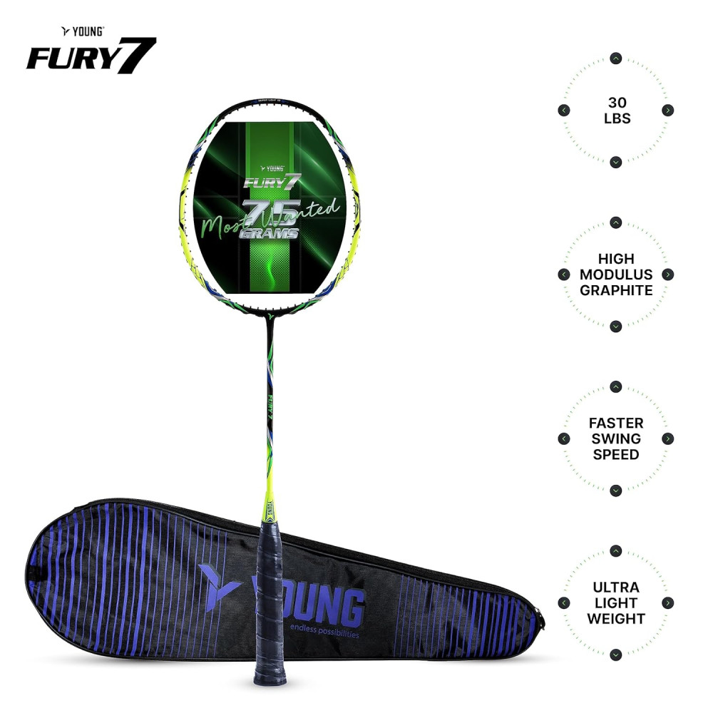 YOUNG Fury 7 Graphite Lightweight Professional Badminton Racket, Head Light, High Modulus Graphite, Strung, (Black/Yellow), Includes Full Cover YOUNG Fury 7 Graphite Lightweight Professional Badminton Racket, Head Light, High Modulus Graphite, Strung, (Black/Yellow), Includes Full Cover