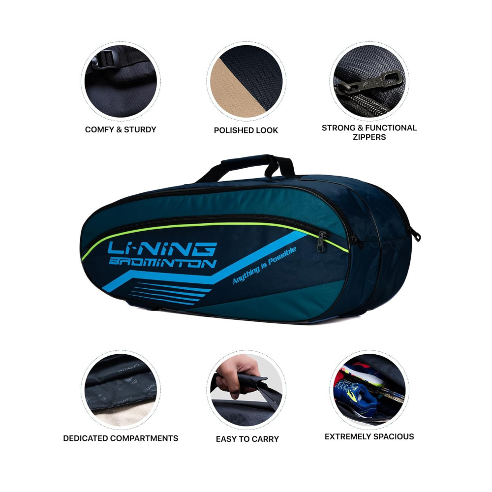 Li-Ning Hot Shot Triple Zipper Polyester Badminton Kit Bag | Easy - Access Compartments | Spacious | Unisex - Men, Boys, Girls, Women